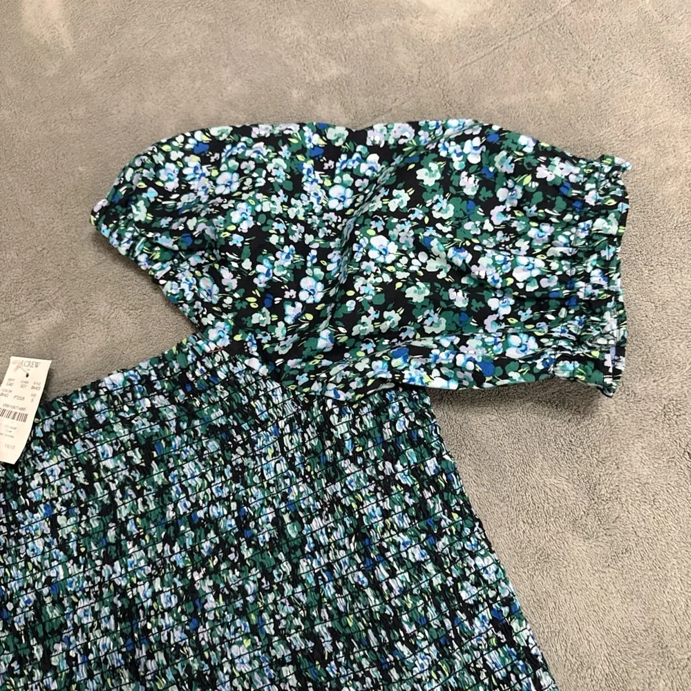 J. Crew Navy Blue & Green Floral Smocked Puff-Sleeve Top